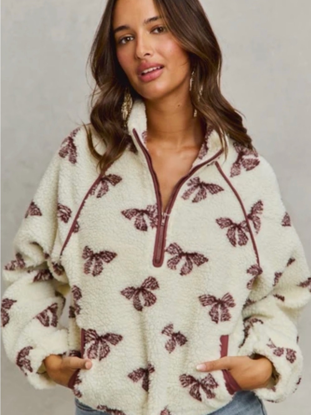 160 Cozy Cream Fleece Pullover with Brown Bow  Print - Picture 2 of 4